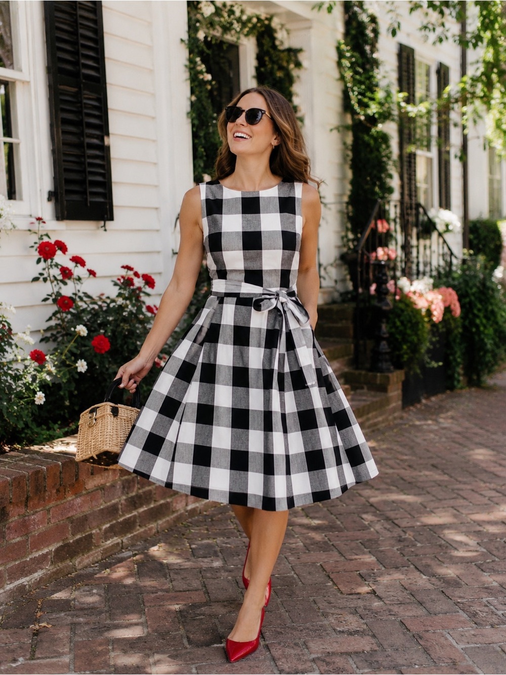 Vintage-inspired Classic Black & White Check Cotton Dress Size LP